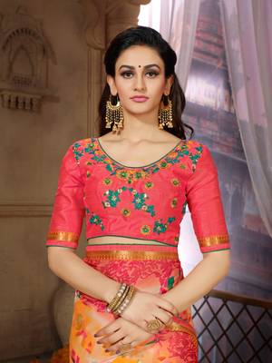 Orange printed georgette saree with blouse 5