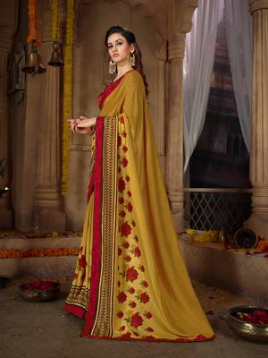 Yellow printed georgette saree with blouse 2