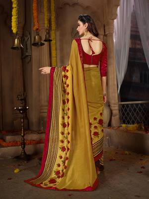 Yellow printed georgette saree with blouse 3