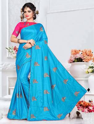 Blue Embroidered silk blend Saree With Blouse 1