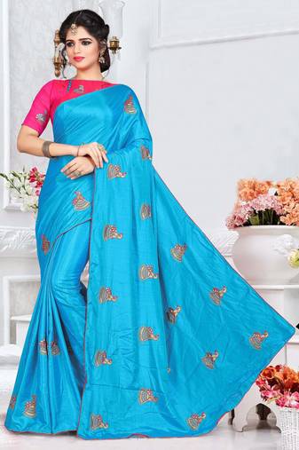 Blue Embroidered Art Silk Saree With Blouse
