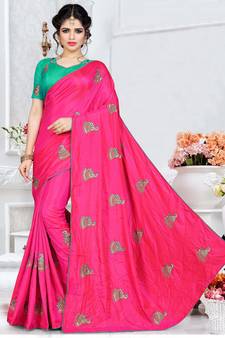 Pink embroidered art silk saree with blouse