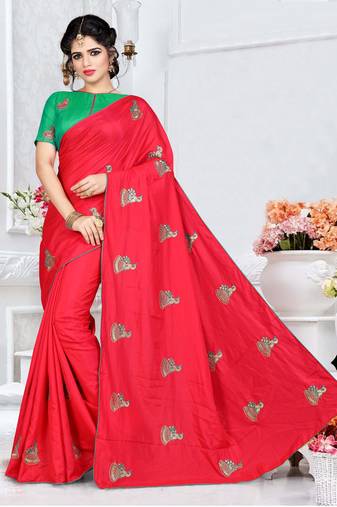 Red Embroidered Art Silk Saree With Blouse
