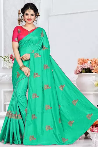 Turquoise Embroidered Art Silk Saree With Blouse