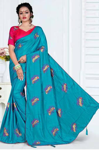 Blue Embroidered Art Silk Saree With Blouse