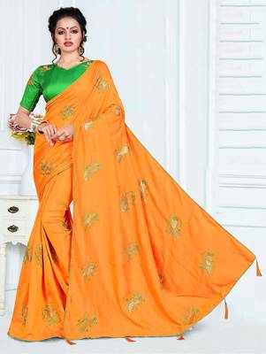 Orange embroidered silk blend saree with blouse 1