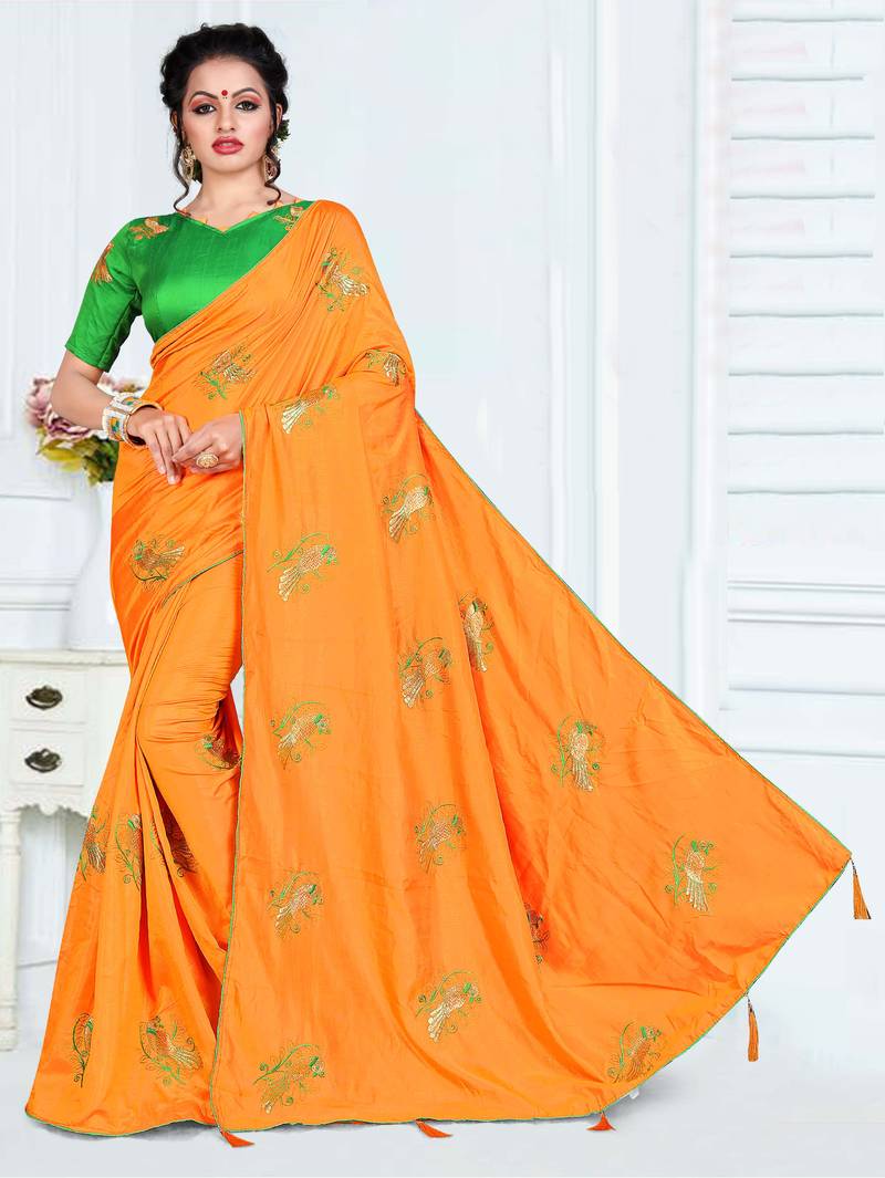 Orange embroidered art silk saree with blouse