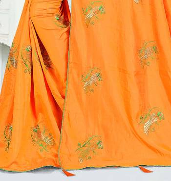 Orange embroidered silk blend saree with blouse 3