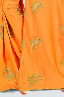 Orange embroidered silk blend saree with blouse