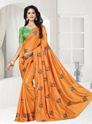 Orange Embroidered silk blend Saree With Blouse 1