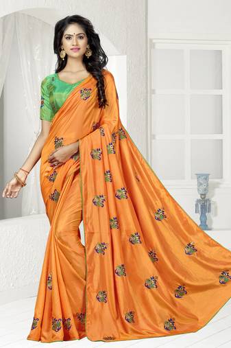 Orange Embroidered Art Silk Saree With Blouse