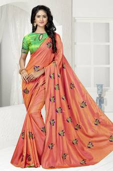 Peach embroidered art silk saree with blouse
