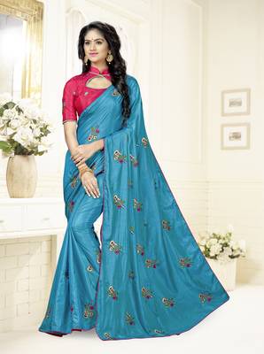 Blue Embroidered silk blend Saree With Blouse 1