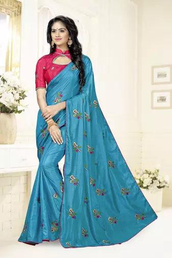 Blue Embroidered Art Silk Saree With Blouse