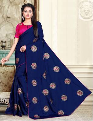 Navy Blue Embroidered silk blend Saree With Blouse 1