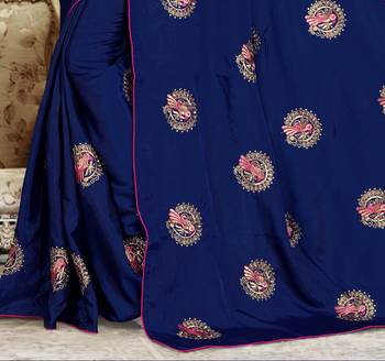 Navy Blue Embroidered silk blend Saree With Blouse 3
