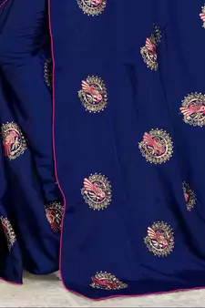 Navy Blue Embroidered Art silk blend Saree With Blouse