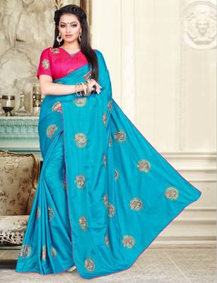 Blue embroidered silk blend saree with blouse 1