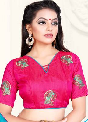 Blue embroidered silk blend saree with blouse 2