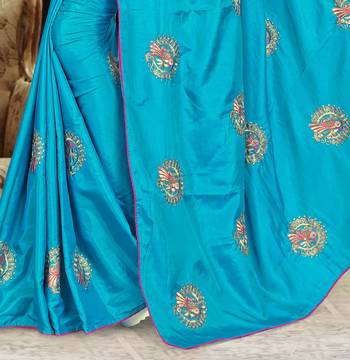 Blue embroidered silk blend saree with blouse 3