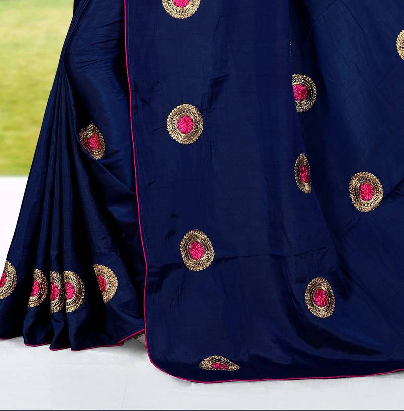 Navy blue embroidered art silk saree with blouse