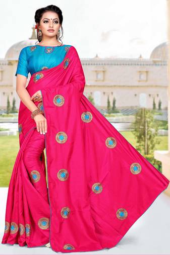 Pink Embroidered Art Silk Saree With Blouse