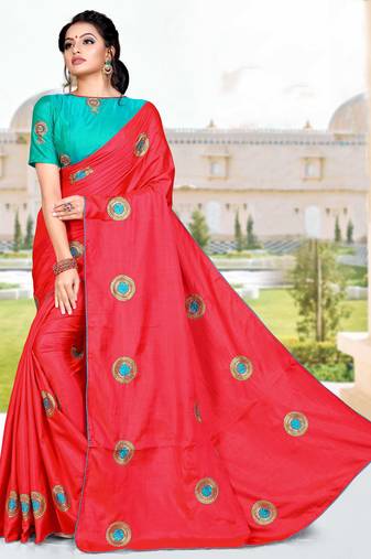 Red Embroidered Art Silk Saree With Blouse