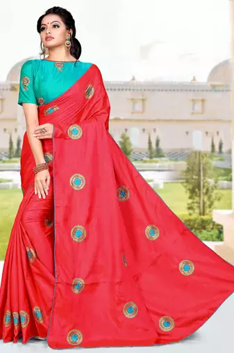 Red Embroidered Art Silk Saree With Blouse