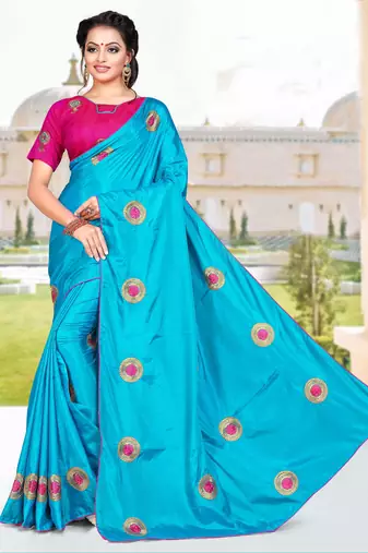 Blue Embroidered Art Silk Saree With Blouse