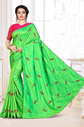 Green Embroidered Art Silk Saree With Blouse