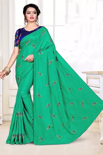 Turquoise Embroidered Art Silk Saree With Blouse