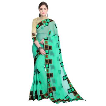 Turquoise chiffon saree with blouse 1