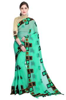 Turquoise chiffon saree with blouse