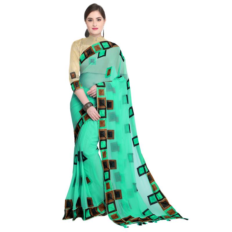 Turquoise chiffon saree with blouse