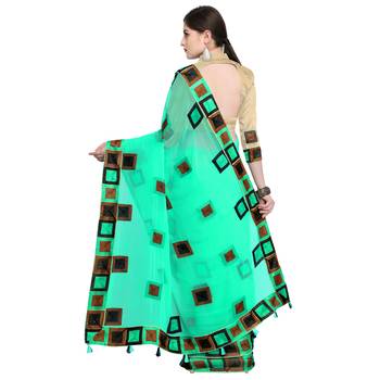 Turquoise chiffon saree with blouse 2