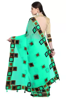 Turquoise chiffon saree with blouse