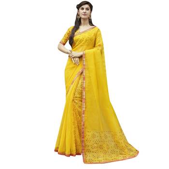 Shaily Yellow Printed Cotton Saree With Blouse 1