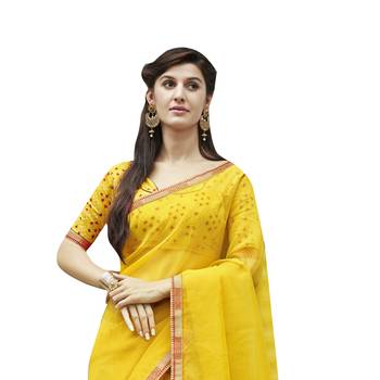 Shaily Yellow Printed Cotton Saree With Blouse 2