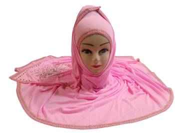 Baby Pink Color Tail Embroidery And Stone Work Hosiery Cotton Women'S Headscarf 3