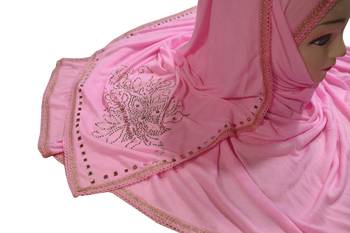 Baby Pink Color Tail Embroidery And Stone Work Hosiery Cotton Women'S Headscarf 5