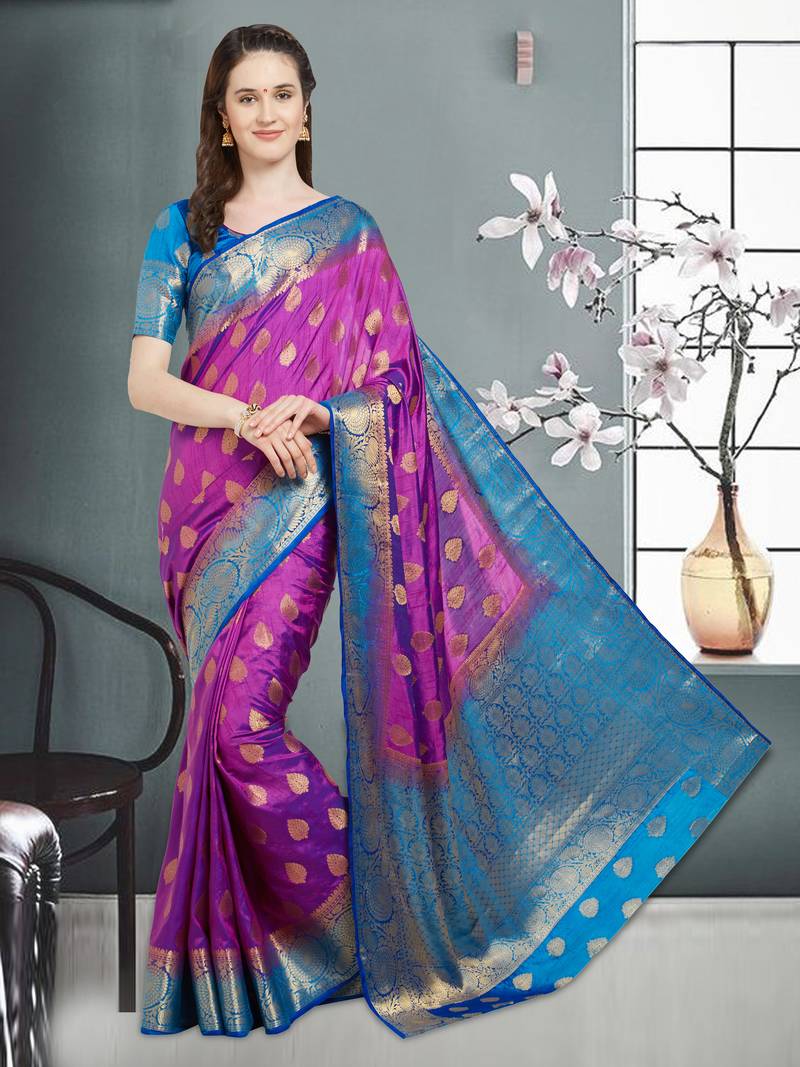 Dark purple printed banarasi art silk  saree with blouse