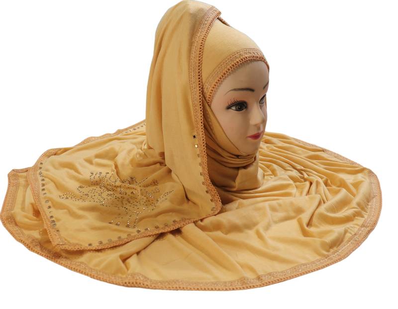 Beige Color Tail Embroidery And Stone Work Hosiery Cotton Headscarf