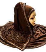 Coffee Color Tail Embroidery And Stone Work Hosiery Cotton Headscarf