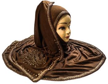 Coffee Color Tail Embroidery And Stone Work Hosiery Cotton Headscarf 3