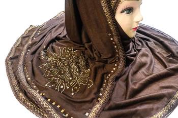 Coffee Color Tail Embroidery And Stone Work Hosiery Cotton Headscarf 4