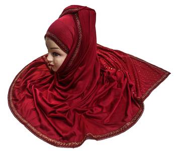 Maroon Color Tail Embroidery And Stone Work Hosiery Cotton Headscarf 3