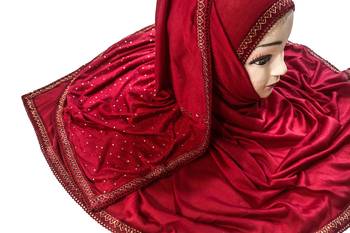 Maroon Color Tail Embroidery And Stone Work Hosiery Cotton Headscarf 4