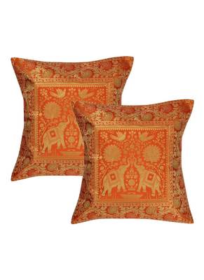 Lal Haveli Decorated Handmade Elephant Design Silk cushion Cover 16 x 16 inch Set of 2 Pcs 1