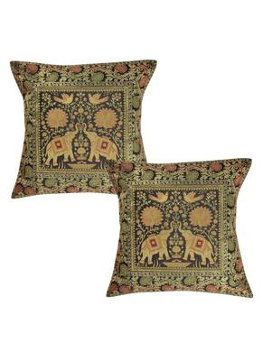 Lal Haveli Elephant Design Silk Fabric Square cushion Covers 16 x 16 inch Set of 2 Pcs 1