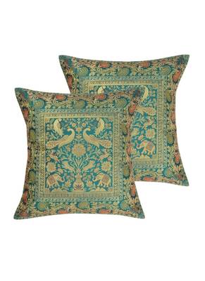 Lal Haveli Room Decorative Elephant Work Design Silk cushion Covers 16 x 16 inch Set of 2 Pcs 1